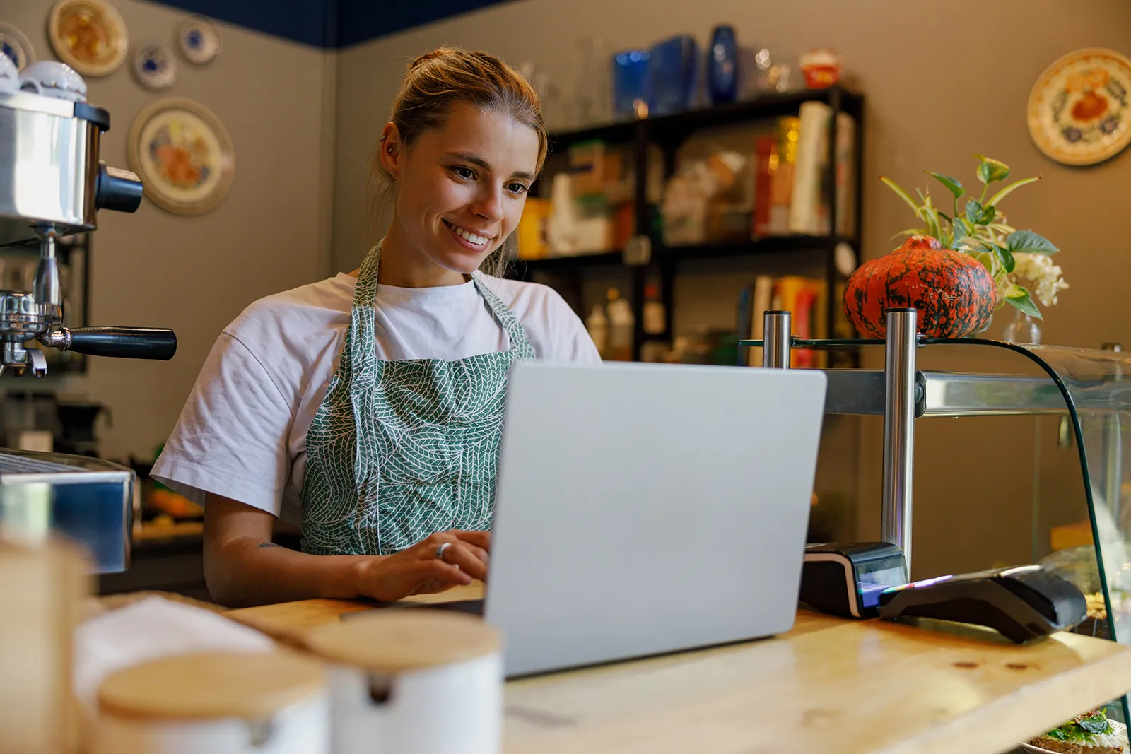 Skilled Barista Works Laptop Cozy Coffee Shop Lovely Afternoon